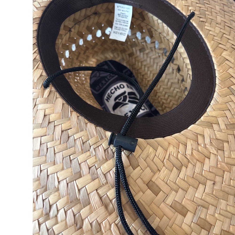 Hecho en Mexico Straw Lifeguard Sun Hat Wide Brim Eagle Logo Tan Black One Size - Picture 6 of 11